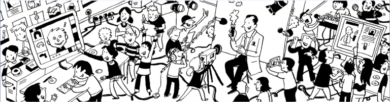 Illustration: Crowd of people. In the middle a scientist is accompanied by the press while experimenting, to the left and right of him people are working on computers, in the background music is being played