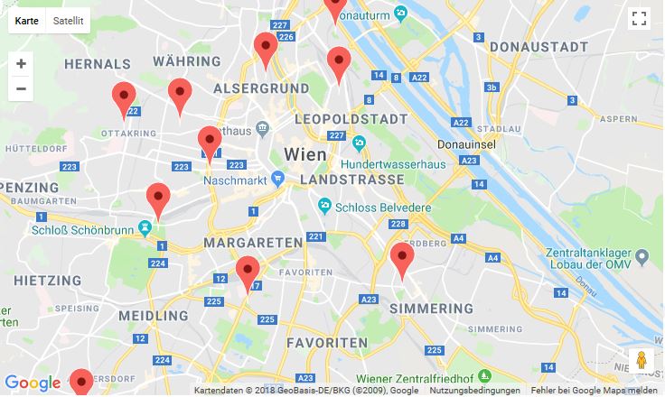 Karte von Wien mit den Stationen der Kinderuni on Tour