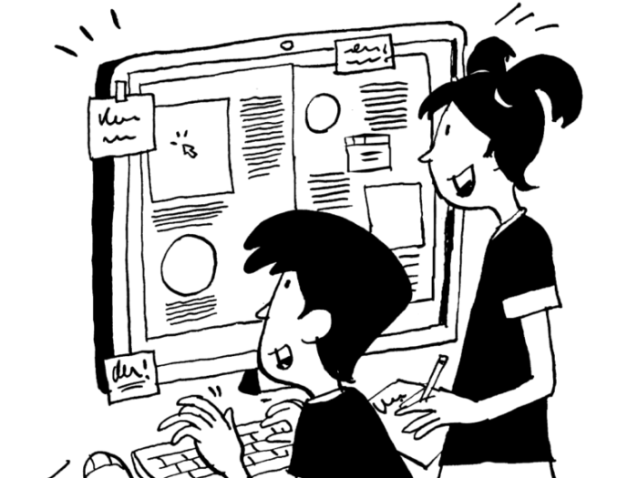 Illustration: Ein Bub und ein Mädchen arbeiten am Computer