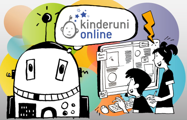 Mädchen und Junge am Computer, ein Roboter mit Logo von kinderuni online
