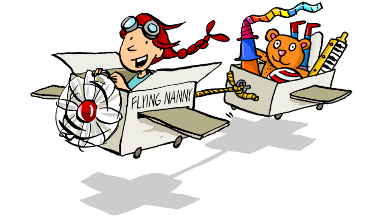 Mädchen im Flugzeug aus Karton, im Anhänger viele Spielsachen, Schriftzug "Flying Nanny"